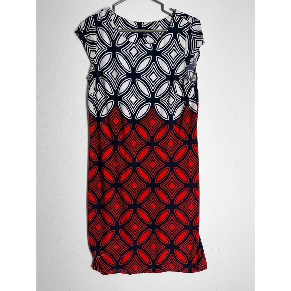 R&K‎ Knits Red Navy Blue White Geometric Print Cap Sleeve Sheath Dress Small